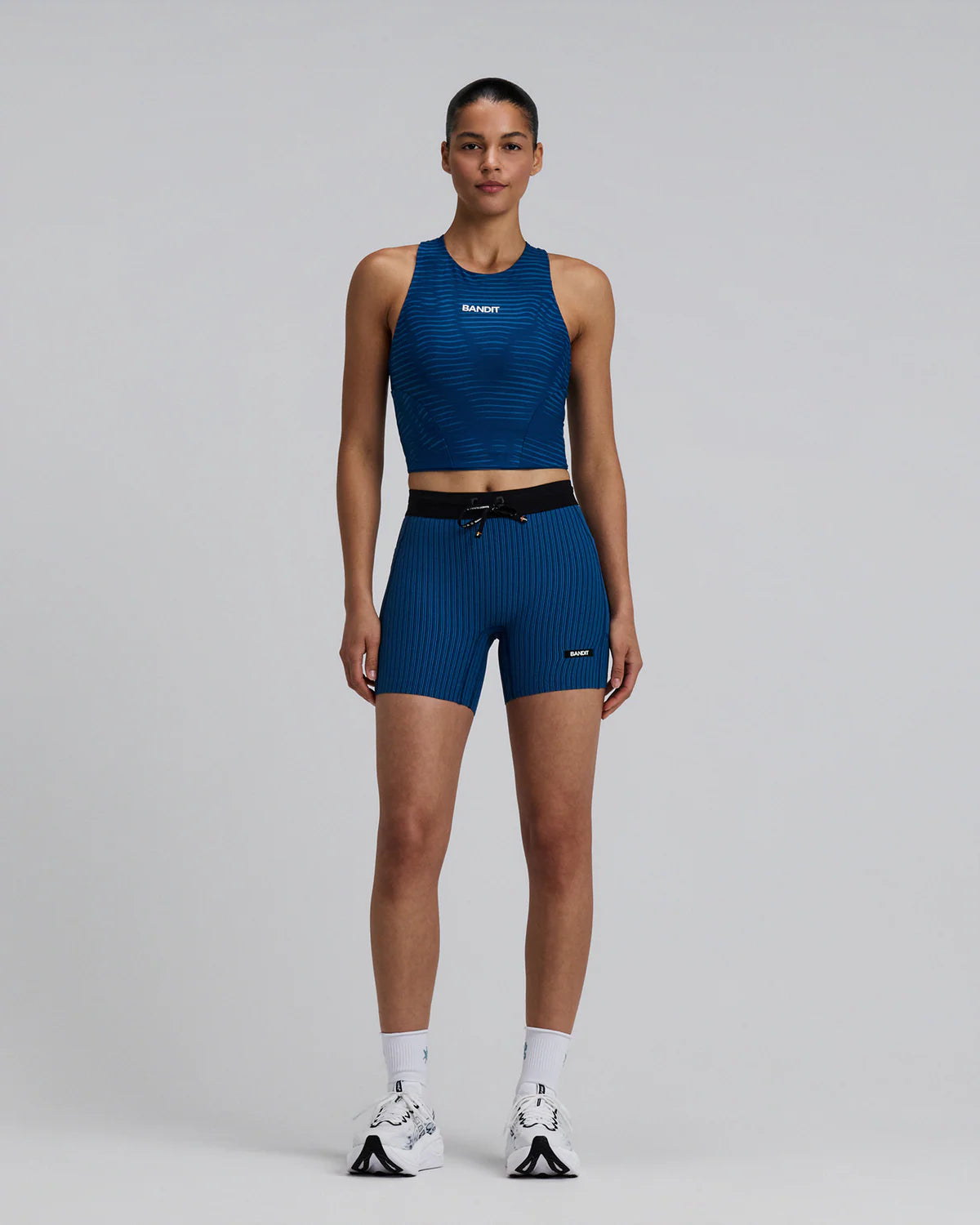 Bandit Running Women's Striped Cadence™ 5" Compression Shorts - Ink Blue / Aegean