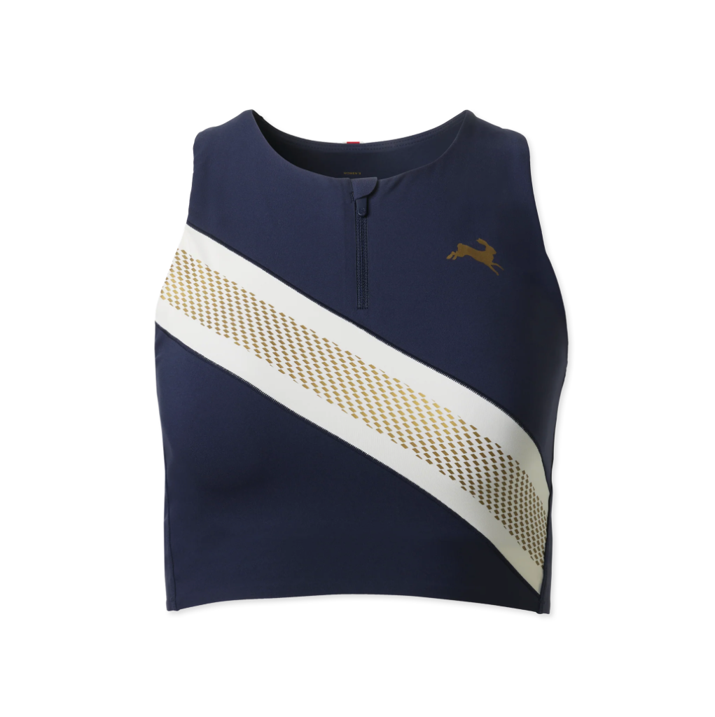 Tracksmith Women's Strata Crop Top - Navy/Ivory/Gold