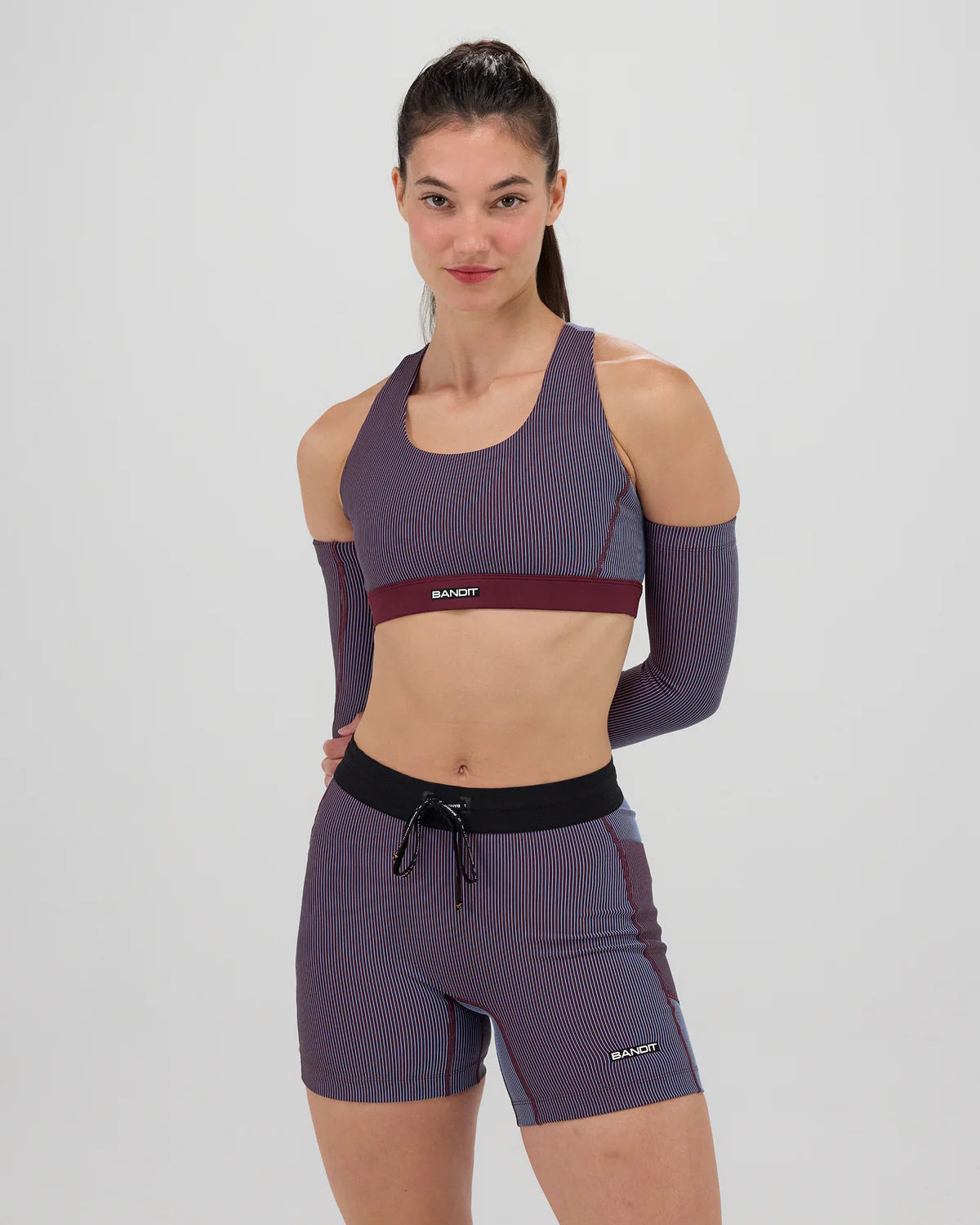 Bandit Running Striped Cadence™ Scoop Neck Run Bra - Fig / Vintage Blue