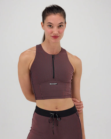 Bandit Running Striped Cadence™ Zip Front Race Crop - Black / Mauve hover