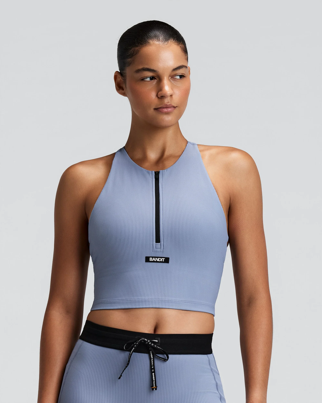 Bandit WOMEN'S STRIPED CADENCE™ ZIP FRONT T BACK RACE CROP - STEEL HORIZON / PAVILION BLUE