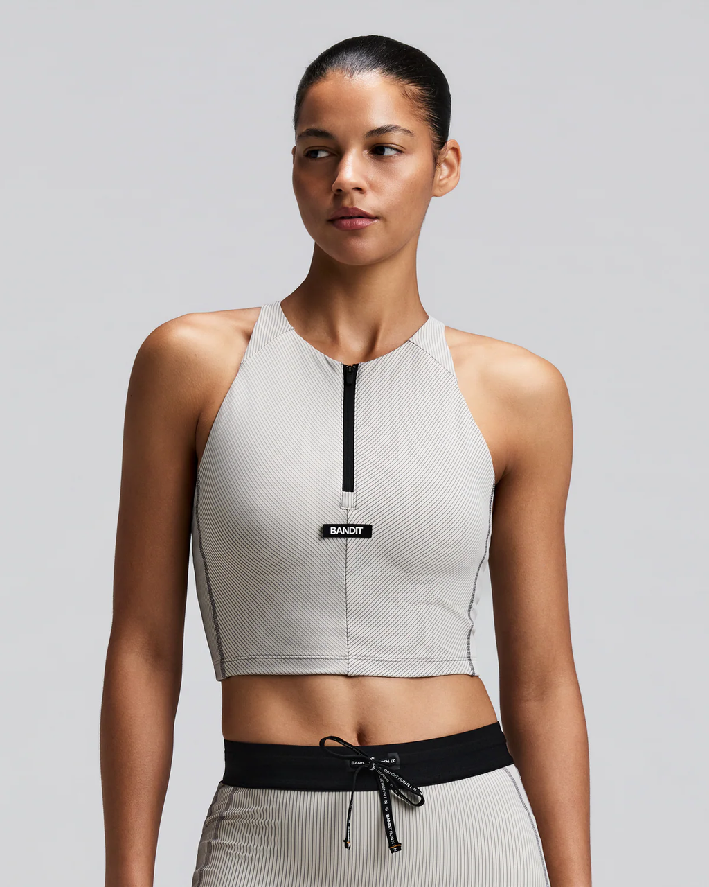 Bandit WOMEN'S STRIPED CADENCE™ ZIP FRONT RACE CROP -PLASTER / SLATE