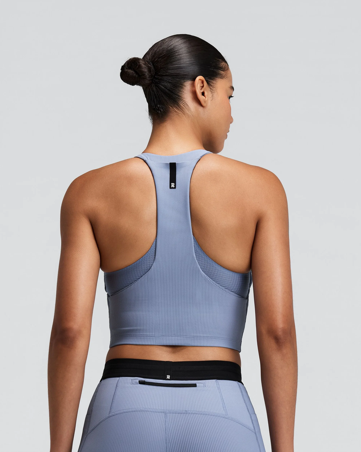 Bandit WOMEN'S STRIPED CADENCE™ ZIP FRONT T BACK RACE CROP - STEEL HORIZON / PAVILION BLUE