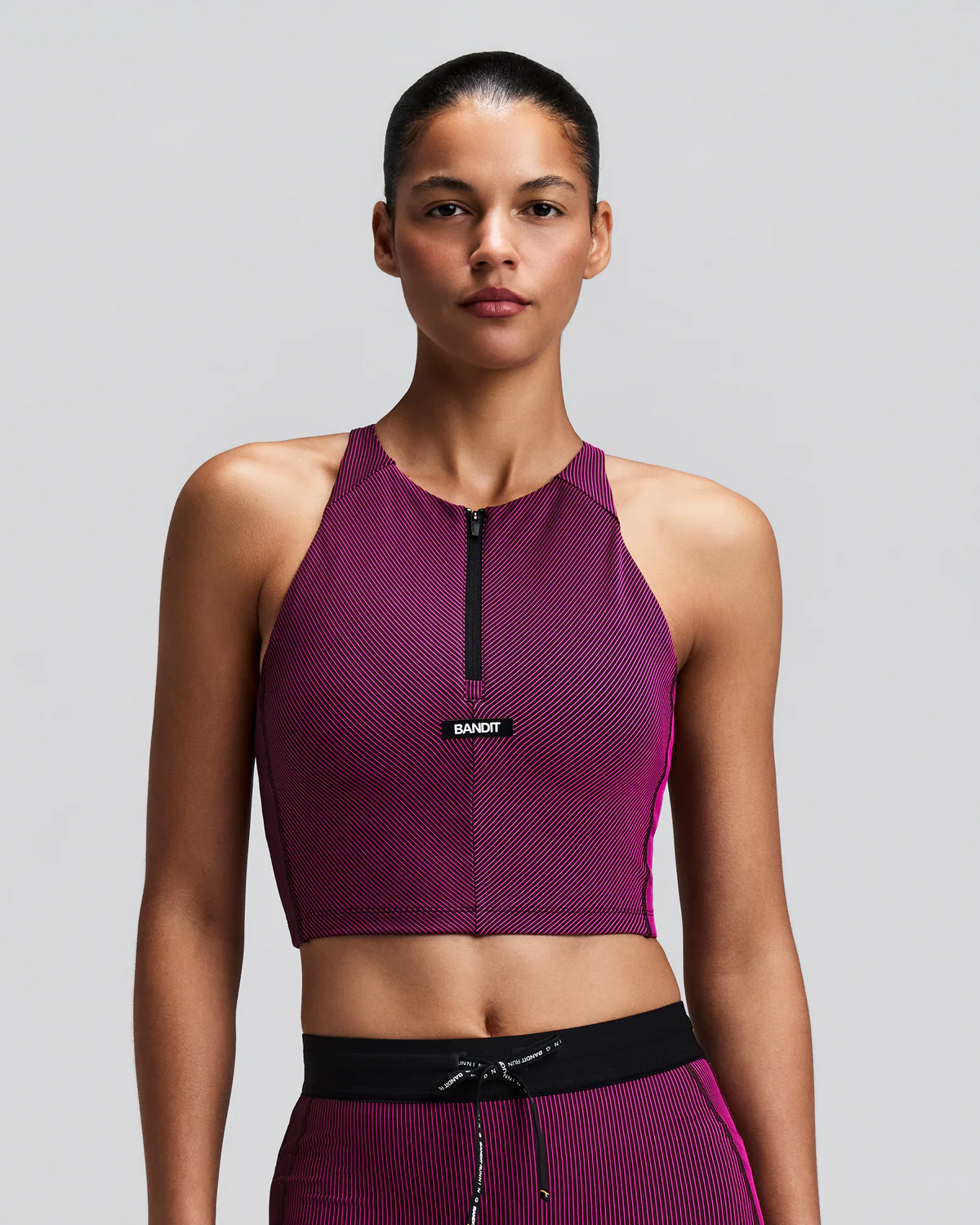Bandit WOMEN'S STRIPED CADENCE™ ZIP FRONT RACE CROP - ESPRESSO / AZALEA