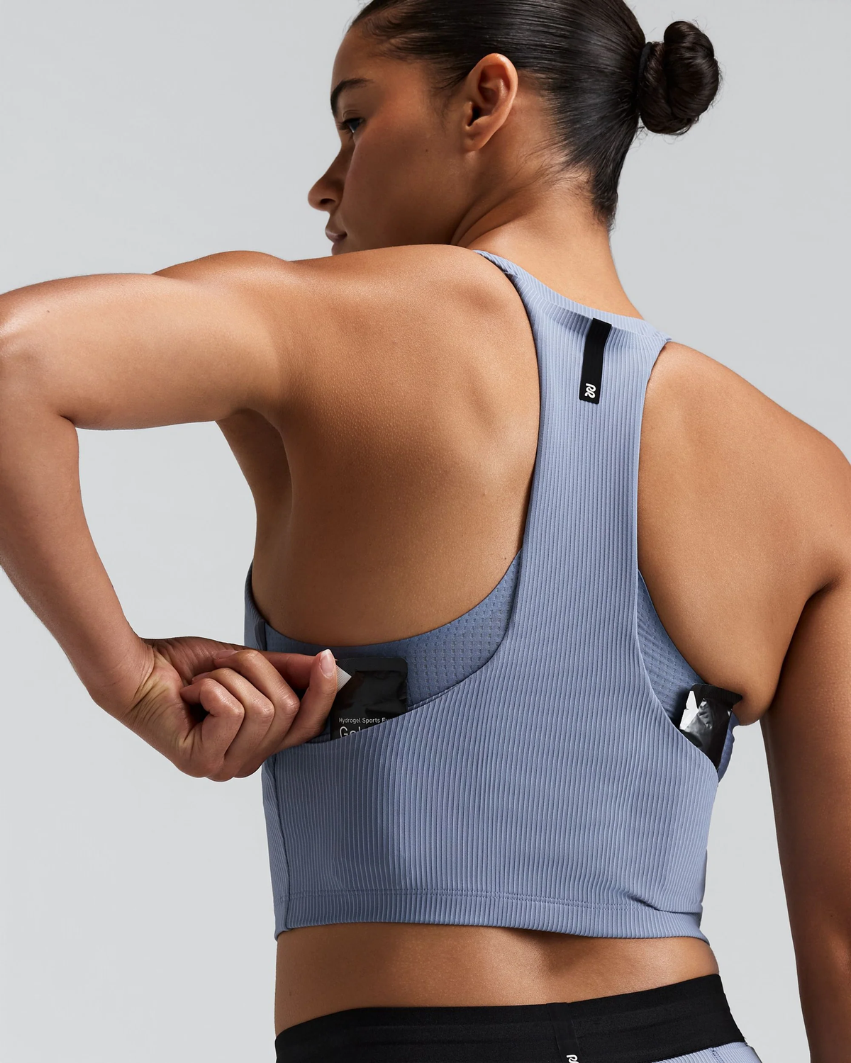 Bandit WOMEN'S STRIPED CADENCE™ ZIP FRONT T BACK RACE CROP - STEEL HORIZON / PAVILION BLUE